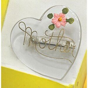 Vintage Heart-Shaped Mother Pin With Pink Flower Clear Lucite 1940s Brooch